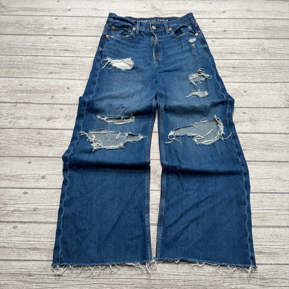 American Eagle Jeans Women's 00 Blue Strigid Wide Leg Baggy High Rise Distressed